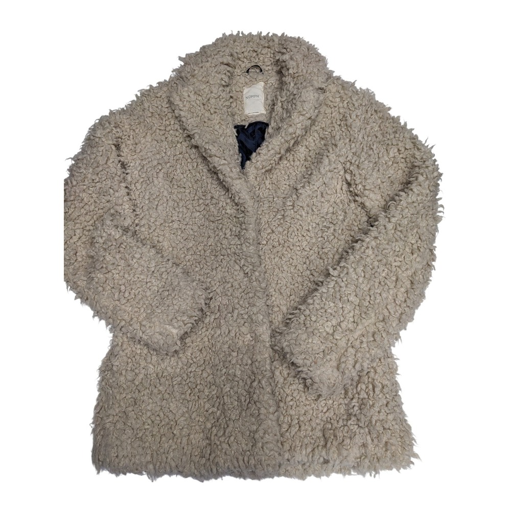Numph Marika Teddy Coat Beige Faux Fur Curly Fleece Jacket Polka Dot Lining 36‎